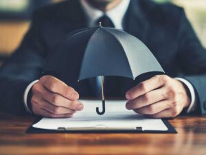A household reviews several insurance policy documents beside a laptop and a home inventory checklist.